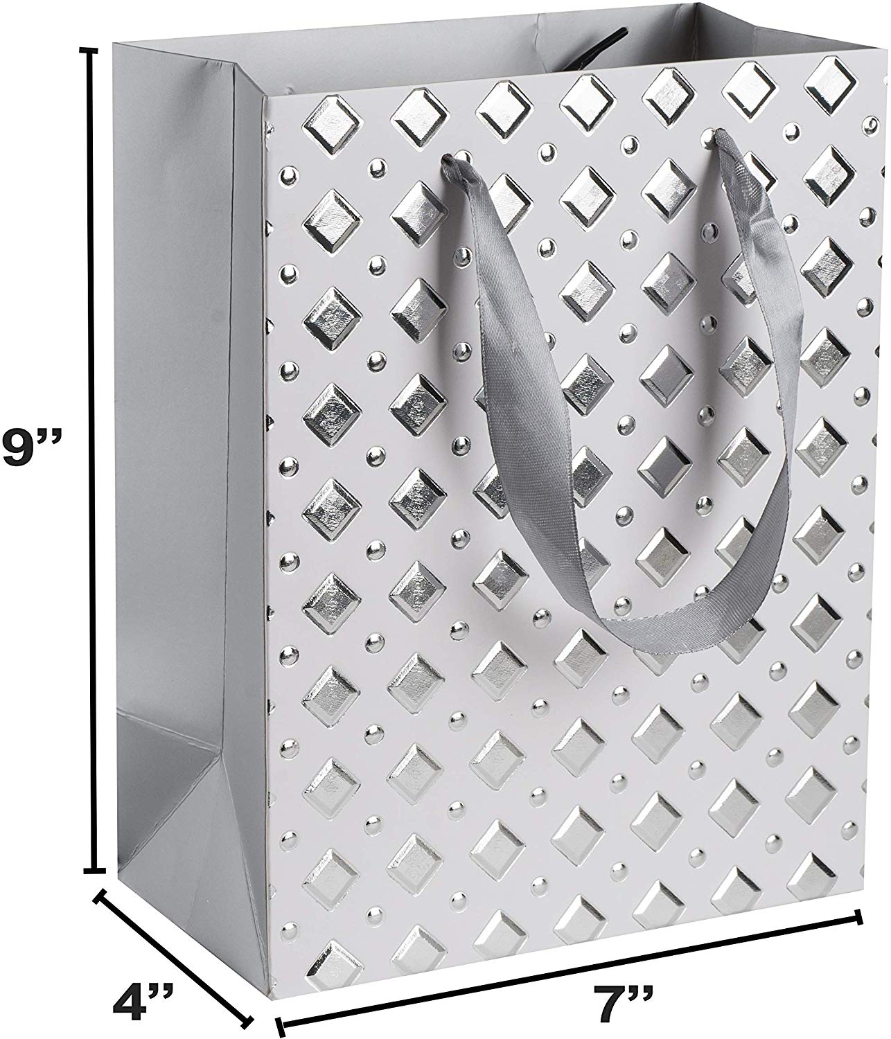 Diamond Design Foil Stamped Gift Bags Set 12 Pack 9"X 7"X 4"Silver